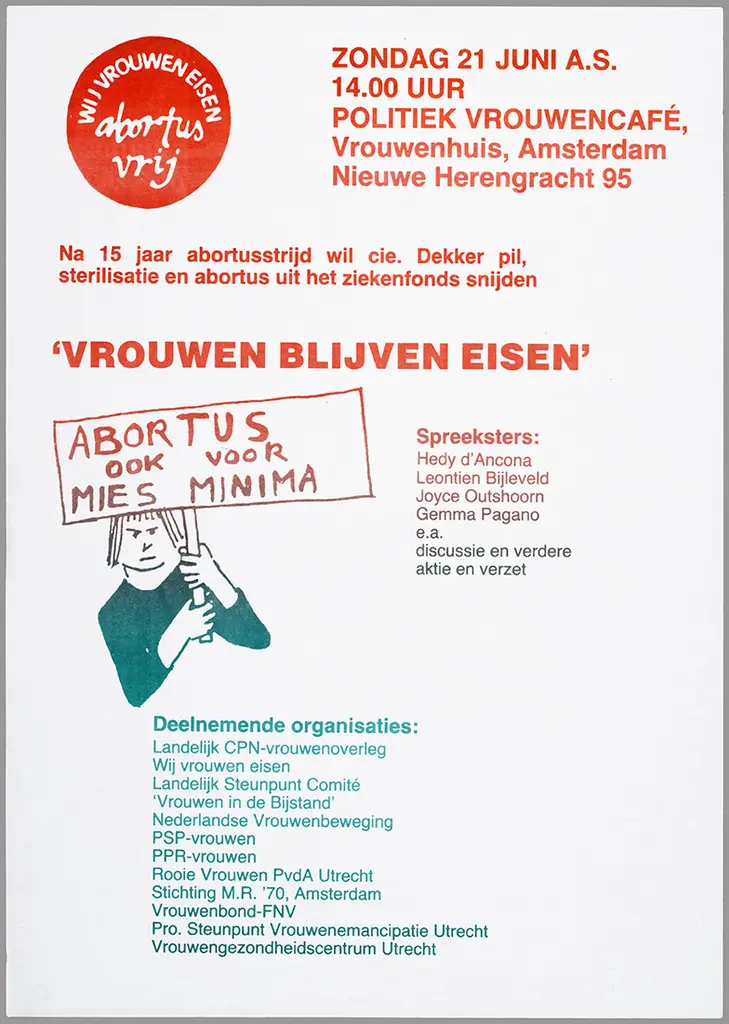 Affiche met aankondigingstekst voor een politiek vrouwencafé op 21 juni, met namen van spreeksters en deelnemende organisaties