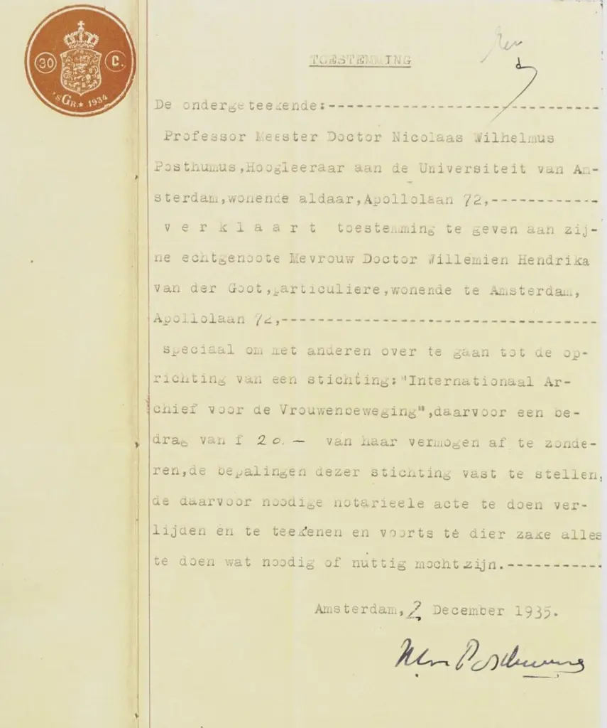 Gedeelte van de verklaring van professor Posthumus dat hij zijn echtgenoote toestemming geeft met zijn handtekening