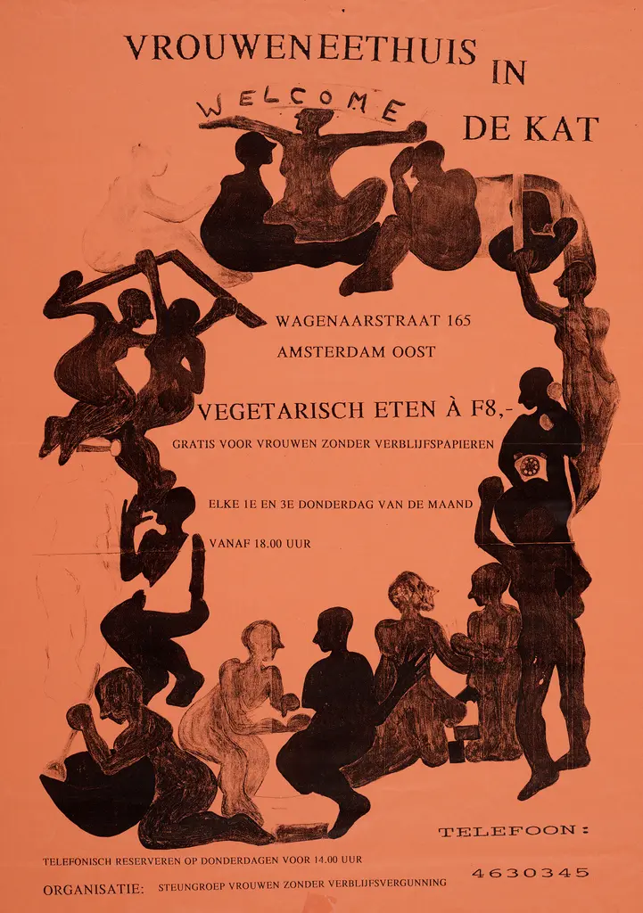 Affiche van Vrouweneethuis De Kat. Affiche met tekst 'vegetarisch eten a F8,-'. Op het affiche staat tekst en illustraties van mensenlichamen. 