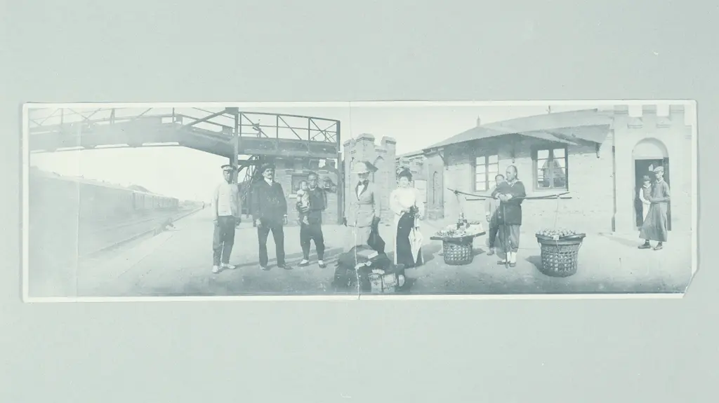 Aletta Jacobs en Carrie Chapman Catt staan met bagage en omstanders op het station van Shanghai.