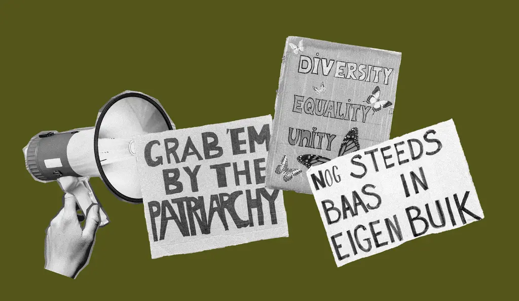 Megafoon met protestborden van de Feminist March